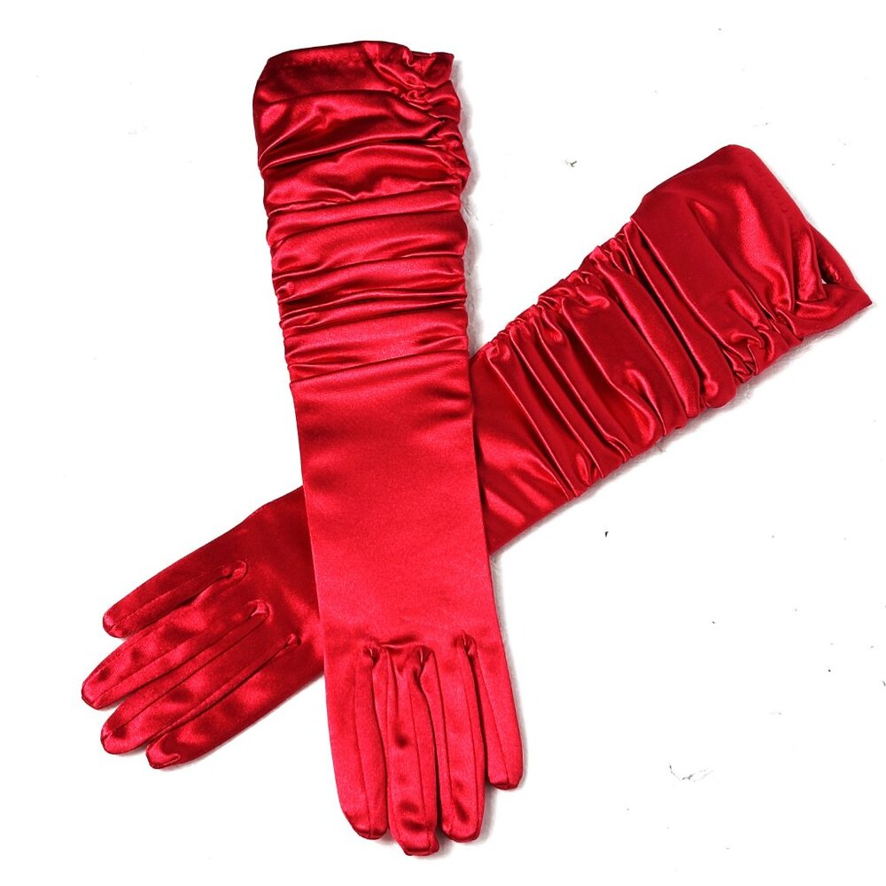 Elbow Gloves Red Ruched Elegant 14” Stretch Satin Alan Sloan NWT NOS